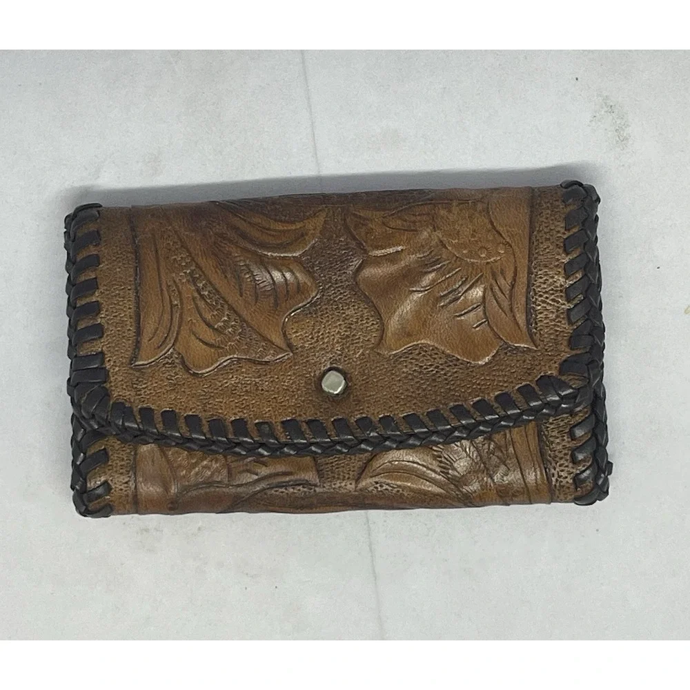 Vintage Hand Tooled Leather Key Case Holder Floral Whipstitch Western Brown